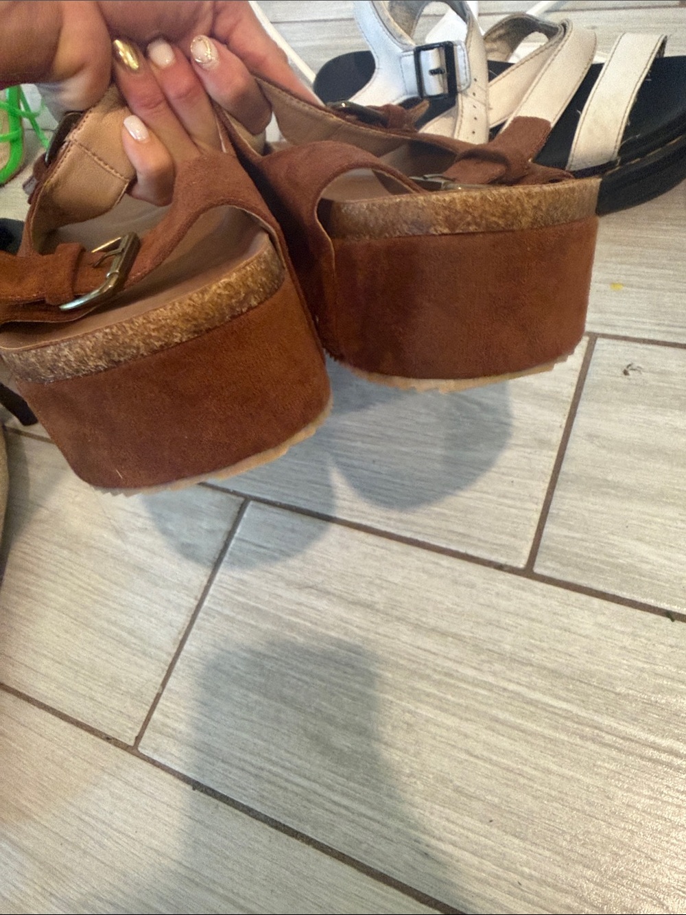 Tan Suede Double-Buckle cork Slide platform Sandal - Picture 6 of 9